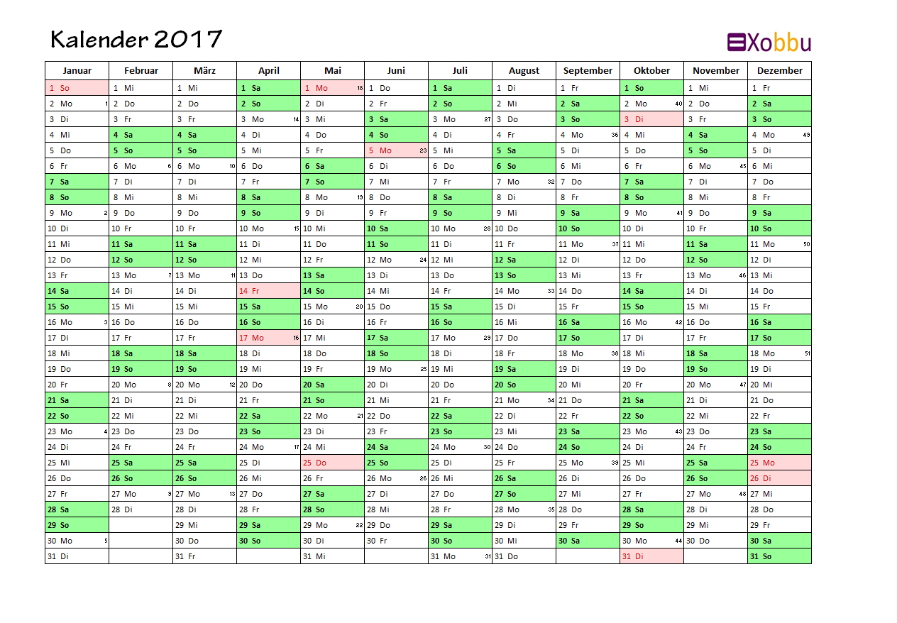 Kalender 2017 Jahreskalender zum Ausdrucken Xobbu (8) - Xobbu