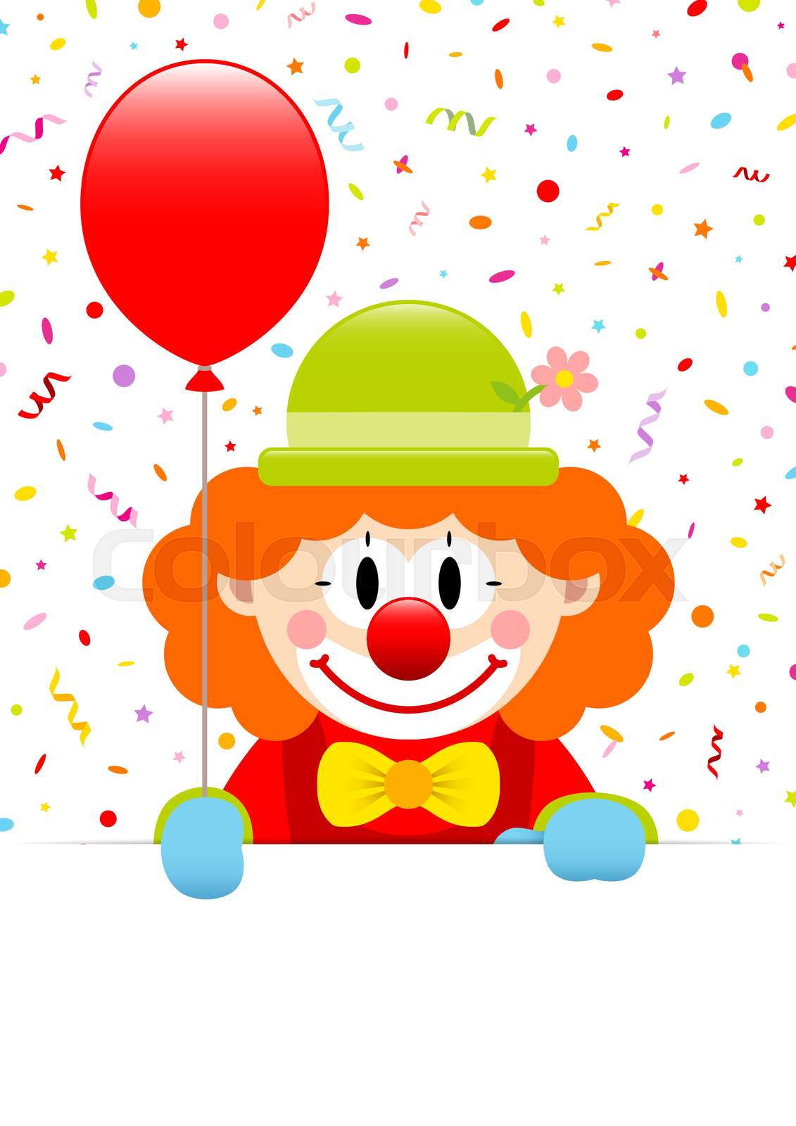 Clown Mit Rotem Luftballon Banner Luftschlangen Und Konfetti | Stock