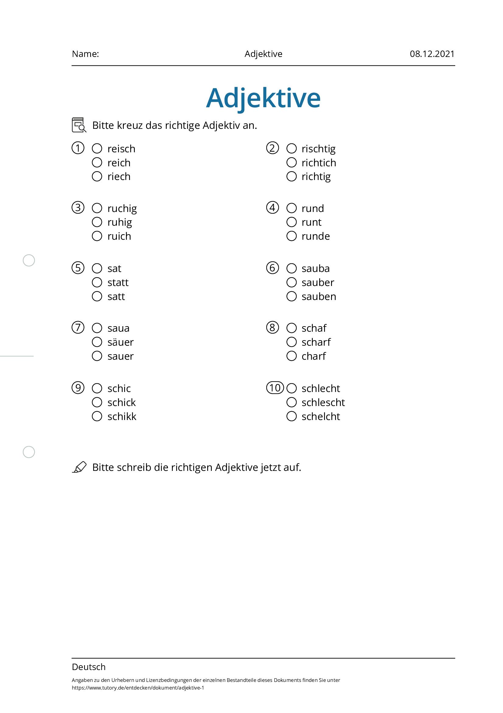 Arbeitsblatt - Adjektive - Deutsch - tutory.de