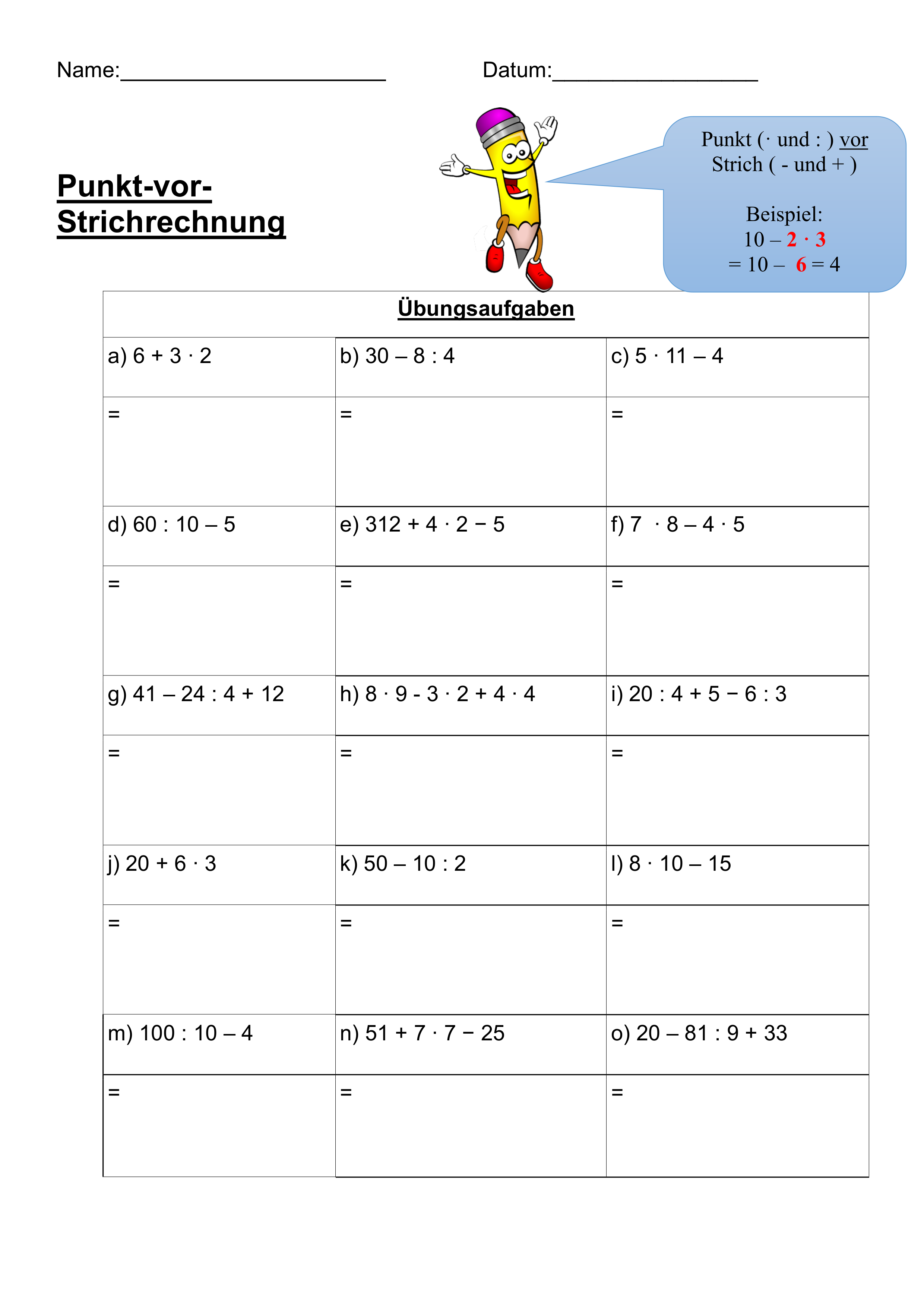 Punkt Vor Strichrechnung Klasse 3 Arbeitsblätter - Punkt Vor Strich