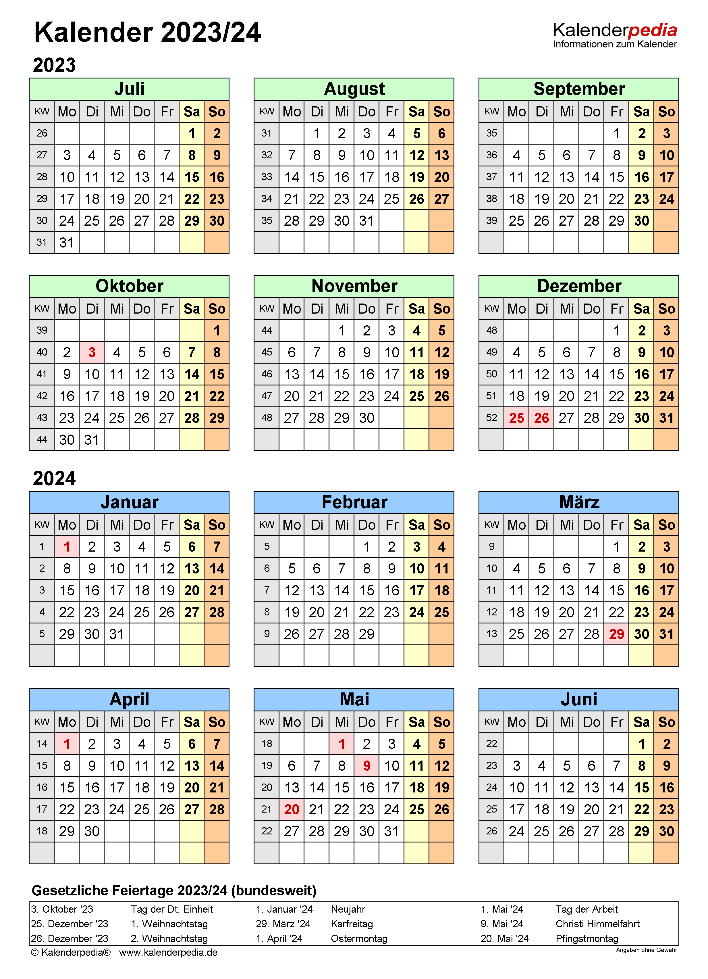 Halbjahreskalender 2023/2024 als Word-Vorlagen zum Ausdrucken