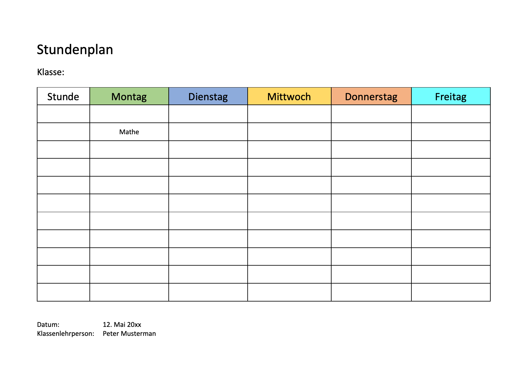 Stundenplan Vorlage zum Ausdrucken - kostenlose Vorlage