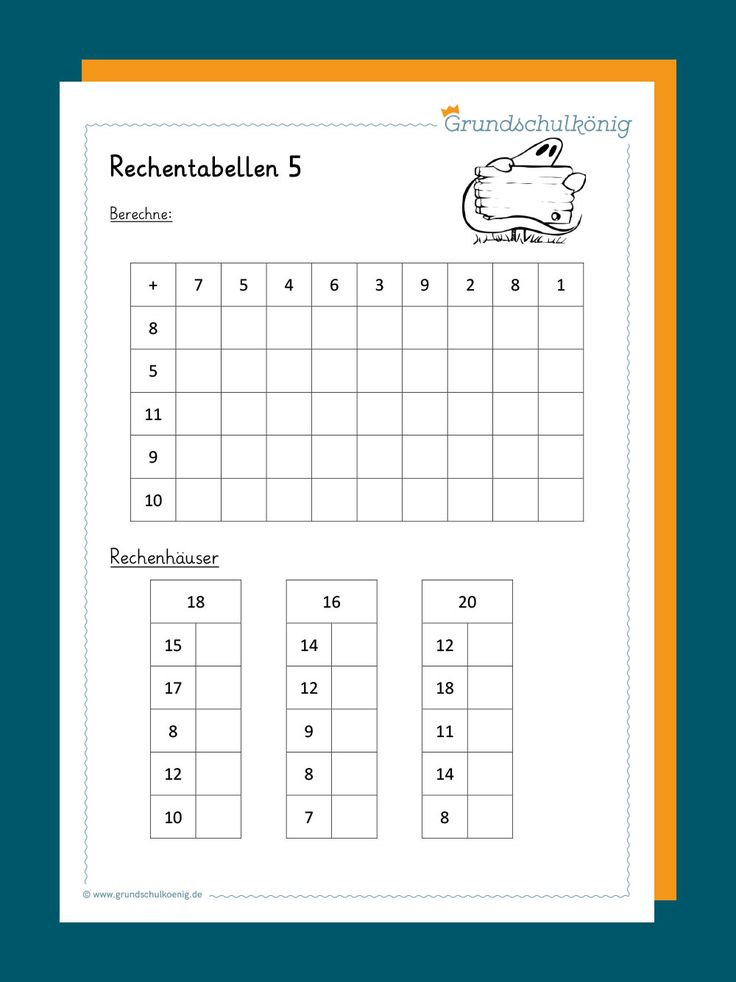 Kostenlose Arbeitsblätter mit Rechentabellen im Zahlenraum 20 in der 1